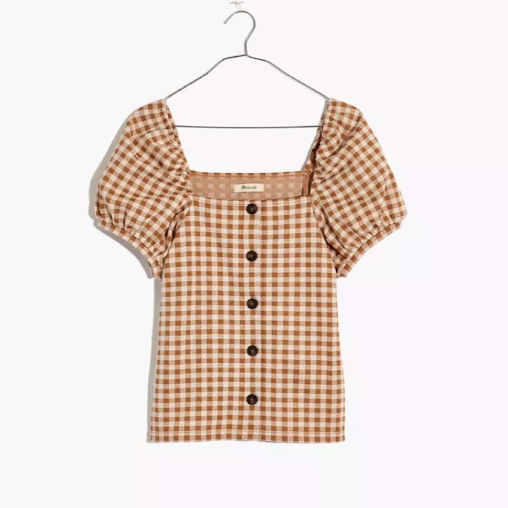 Gingham Jacquard Square-Neck Puff-Sleeve Top